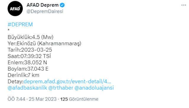 Son Dakika! Kahramanmaraş'ın Ekinözü ilçesinde 4.5 büyüklüğünde deprem