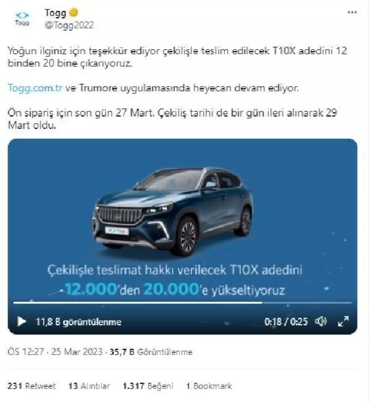 Togg\'un ön siparişlerle teslim edilecek araç sayısı 20 bine çıkartıldı