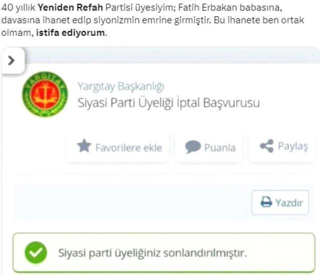 Yeniden Refah'ın Cumhur İttifakı'na katılmasının ardından istifalar başladı! e-Devlet üzerinden üyelik iptali yapıyorlar