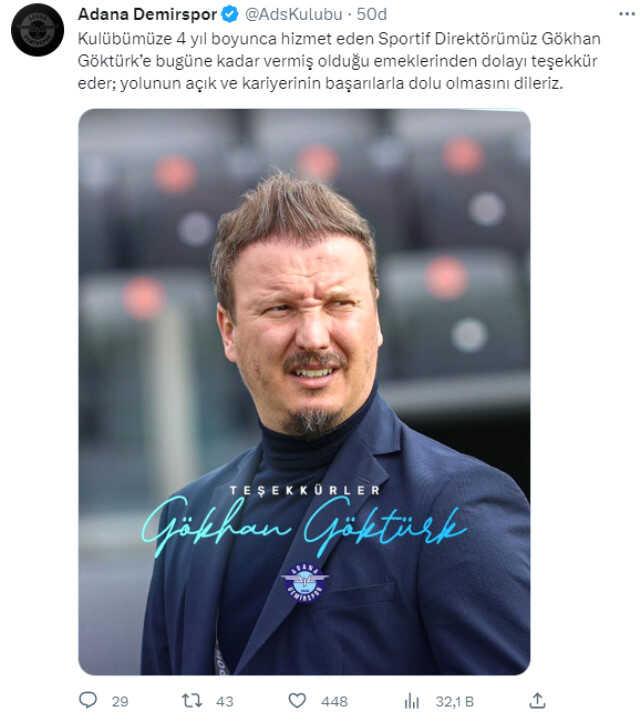 Sosyal medyadan paylaştılar! Adana Demirspor, sportif direktör Gökhan Göktürk ile yollarını ayırdı