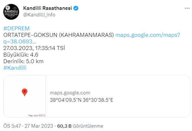 Son Dakika: Kahramanmaraş'ın Göksun ilçesinde 4.5 büyüklüğünde deprem meydana geldi