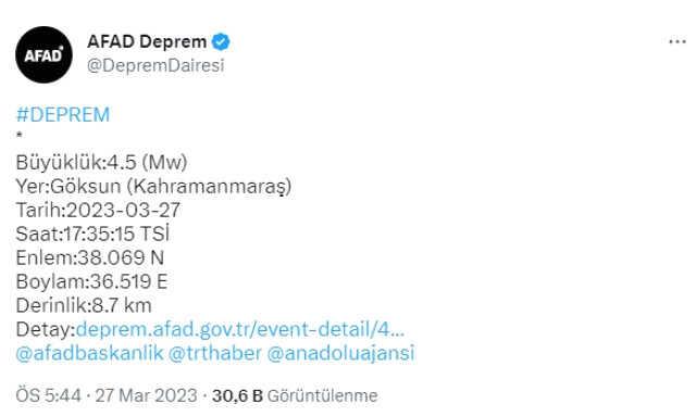 Son Dakika: Kahramanmaraş'ın Göksun ilçesinde 4.5 büyüklüğünde deprem meydana geldi