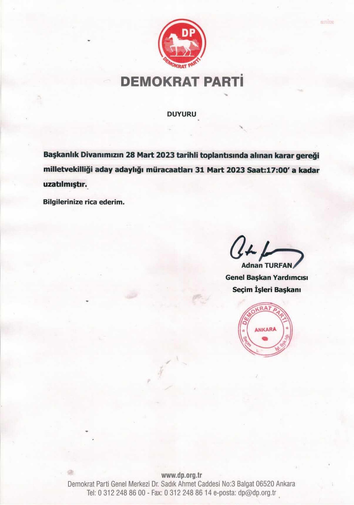 Demokrat Parti\'de, Milletvekili Aday Adaylığı Başvuru Süresi Uzatıldı