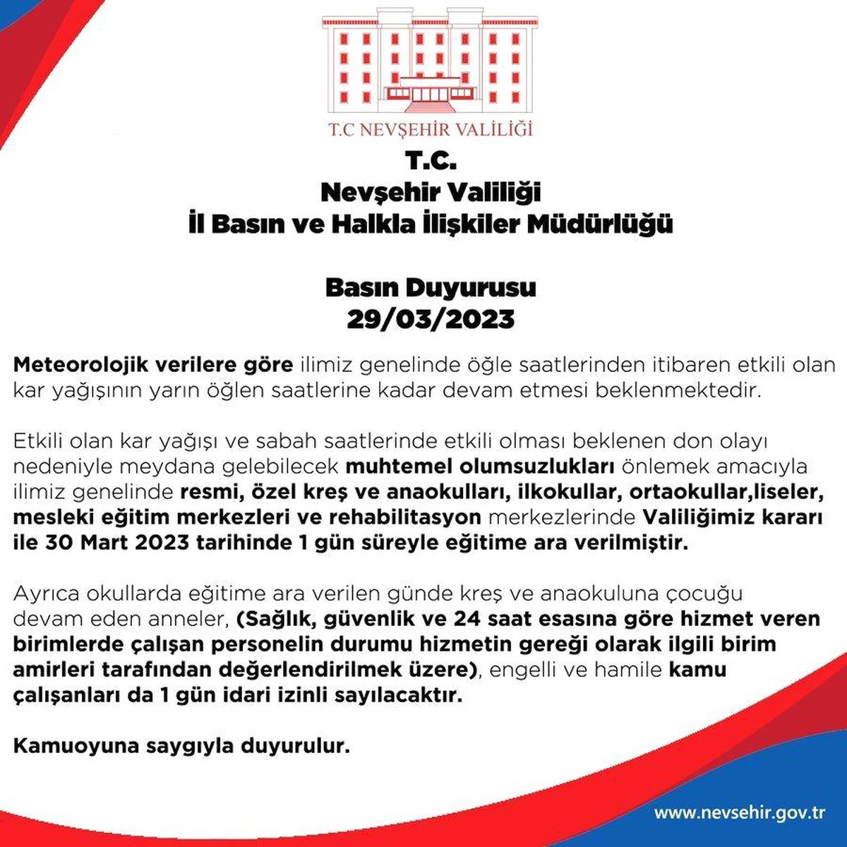 Nevşehir\'de okullara 1 gün ara verildi
