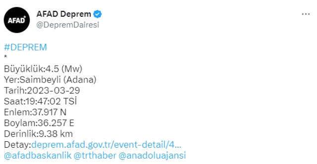 Son Dakika: Adana'da 4,5 şiddetinde deprem meydana geldi