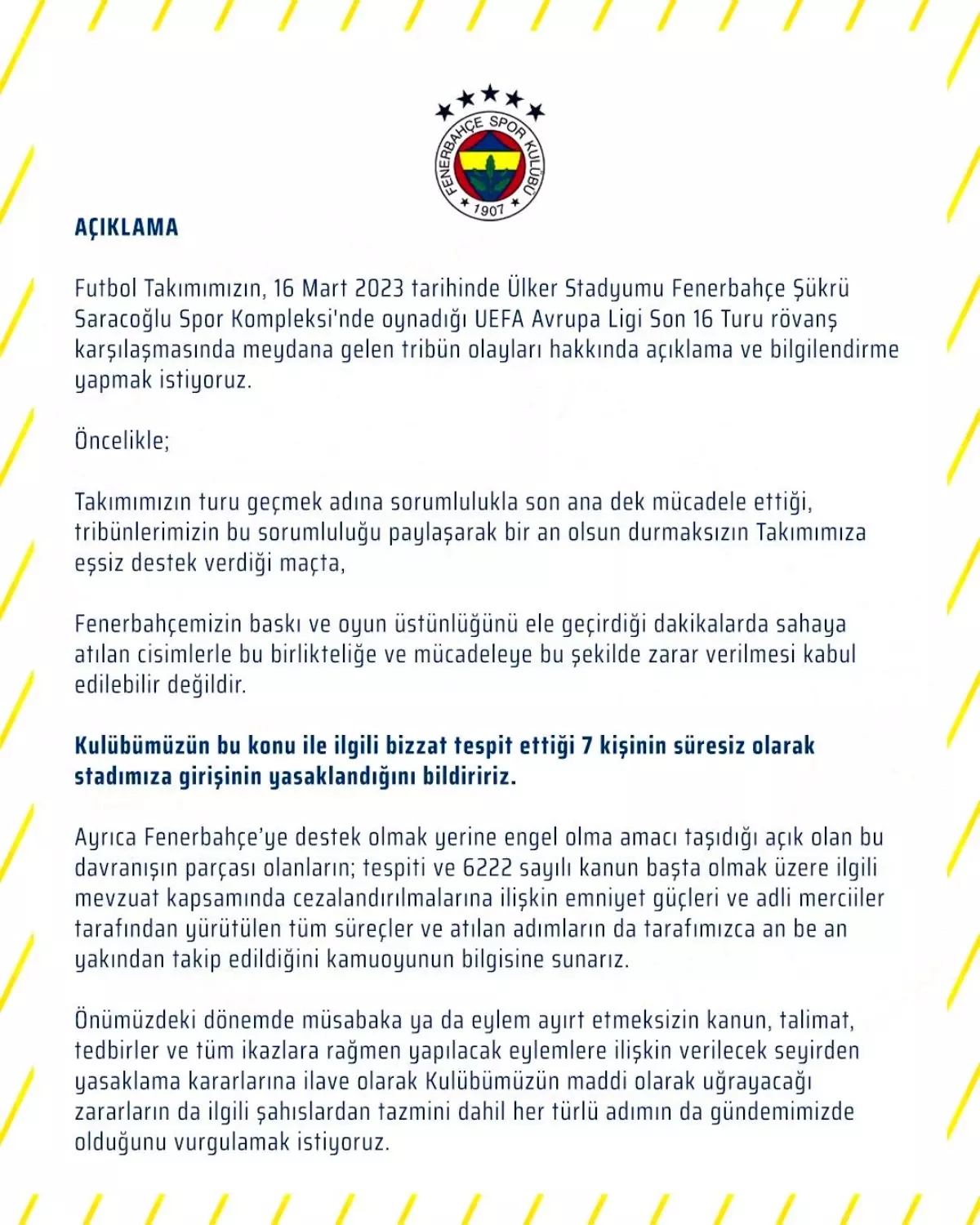 Fenerbahçe\'den sahaya yabancı madde atan 7 kişiye süresiz stada giriş yasağı
