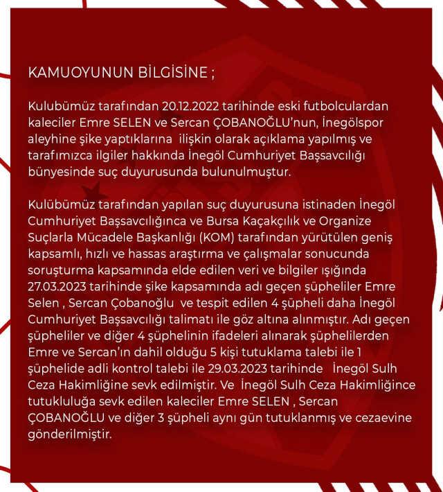 Türk futbolunun 70 yıllık kulübünde deprem! İnegölspor, iki futbolcunun şikeden tutuklandığını açıkladı