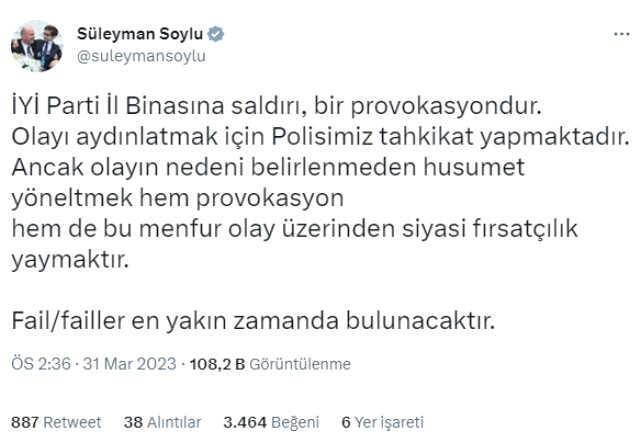 Son Dakika! Bakan Soylu: İYİ Parti'ye saldırı provokasyondur, olayı aydınlatmak için polis tahkikat yapmaktadır