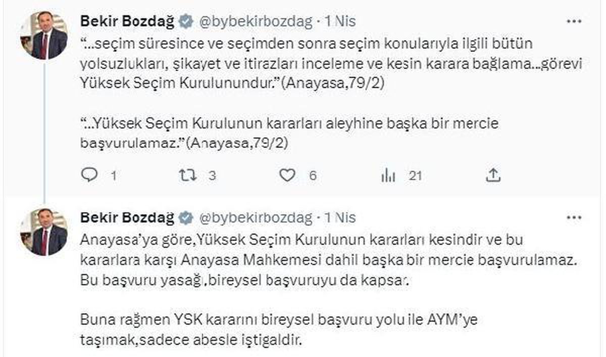 Bakan Bozdağ: YSK kararını AYM\'ye taşımak abesle iştigaldir