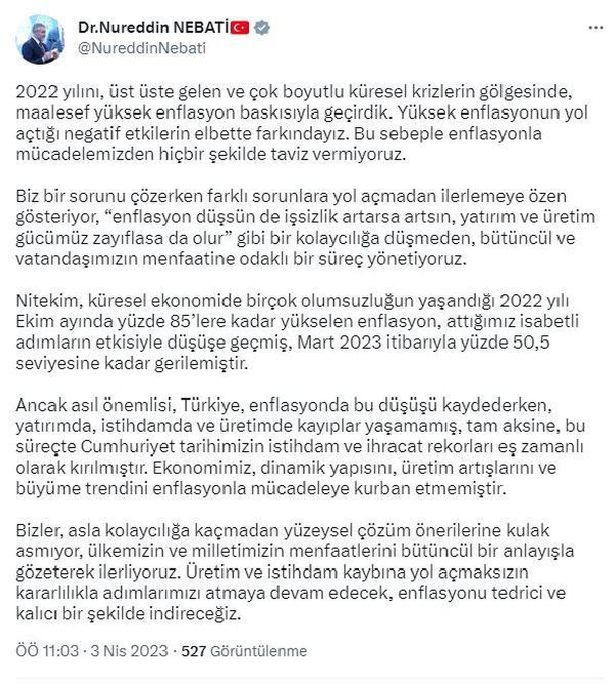 Bakan Nebati: Enflasyonu tedrici ve kalıcı şekilde indireceğiz