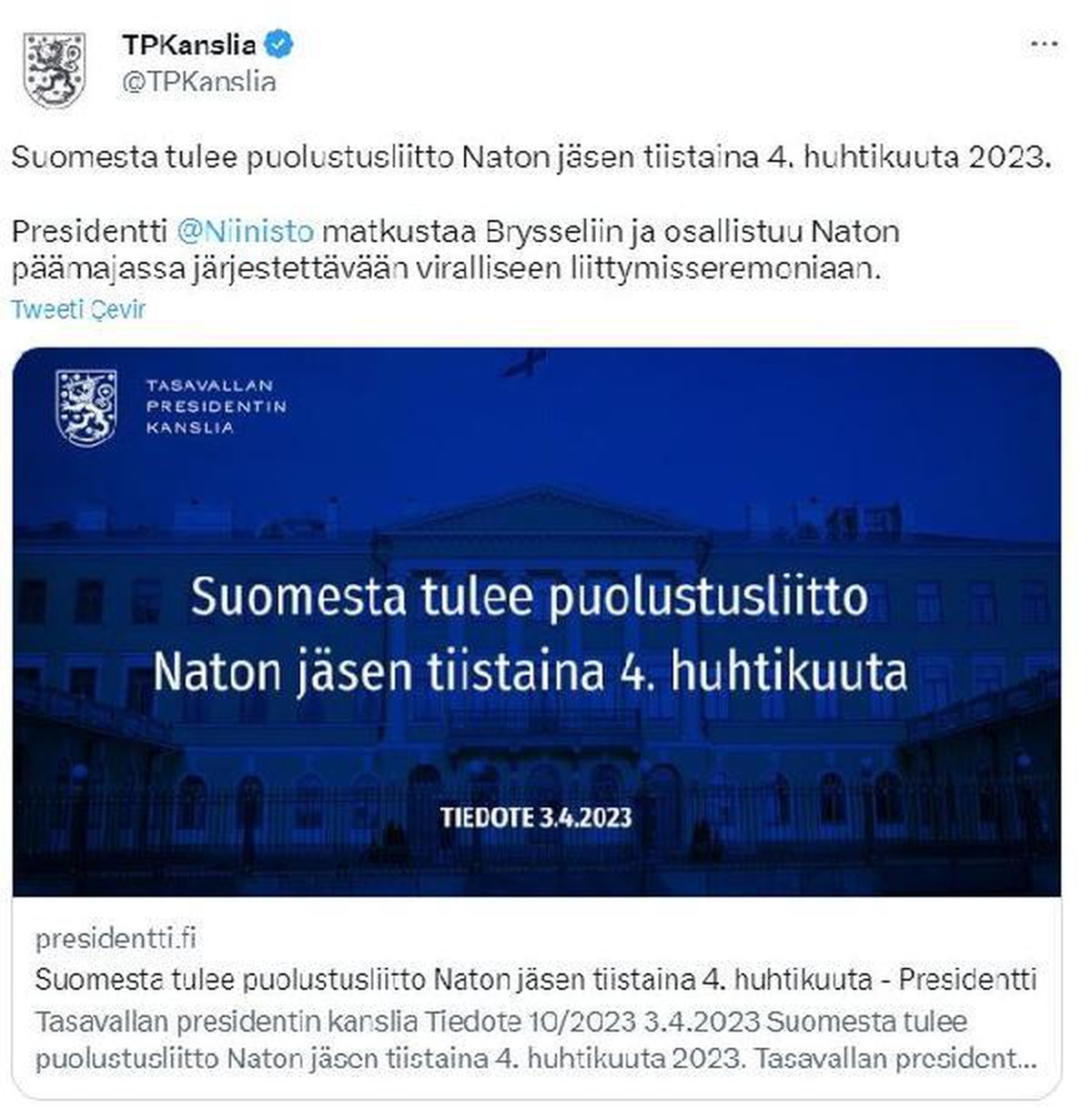 Finlandiya 4 Nisan\'da resmen NATO üyesi olacak