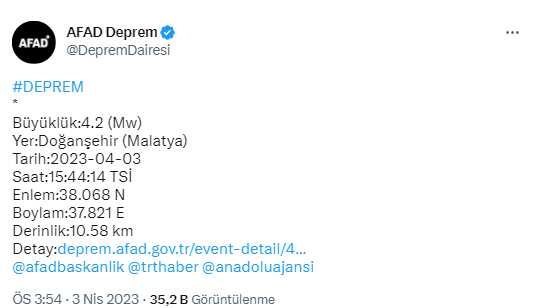 Malatya'da 4.2 büyüklüğünde deprem meydana geldi Malatya'da 4.2 büyüklüğünde deprem meydana geldi