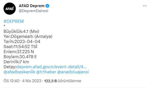 Antalya'da 4.1 büyüklüğünde deprem Antalya'da 4.1 büyüklüğünde deprem