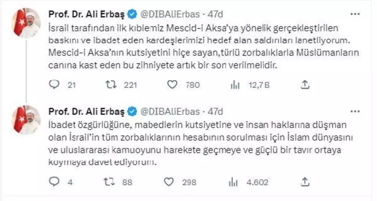 Ali Erbaş: Mescid-i Aksa\'ya gerçekleştirilen baskını lanetliyorum