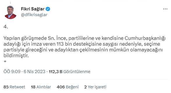 Eski Bakan Fikri Sağlar: 3 Nisan'da Kılıçdaroğlu ve İnce arasında bir uzlaşma görüşmesi gerçekleştirdim