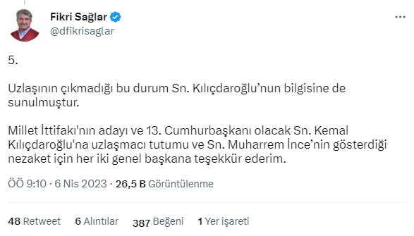 Eski Bakan Fikri Sağlar: 3 Nisan'da Kılıçdaroğlu ve İnce arasında bir uzlaşma görüşmesi gerçekleştirdim