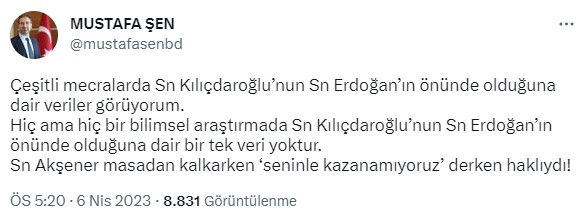 'Kılıçdaroğlu'nun Erdoğan'ın önünde olduğuna dair veri yok' diyen AK Partili Şen: Akşener masadan kalkarken haklıydı