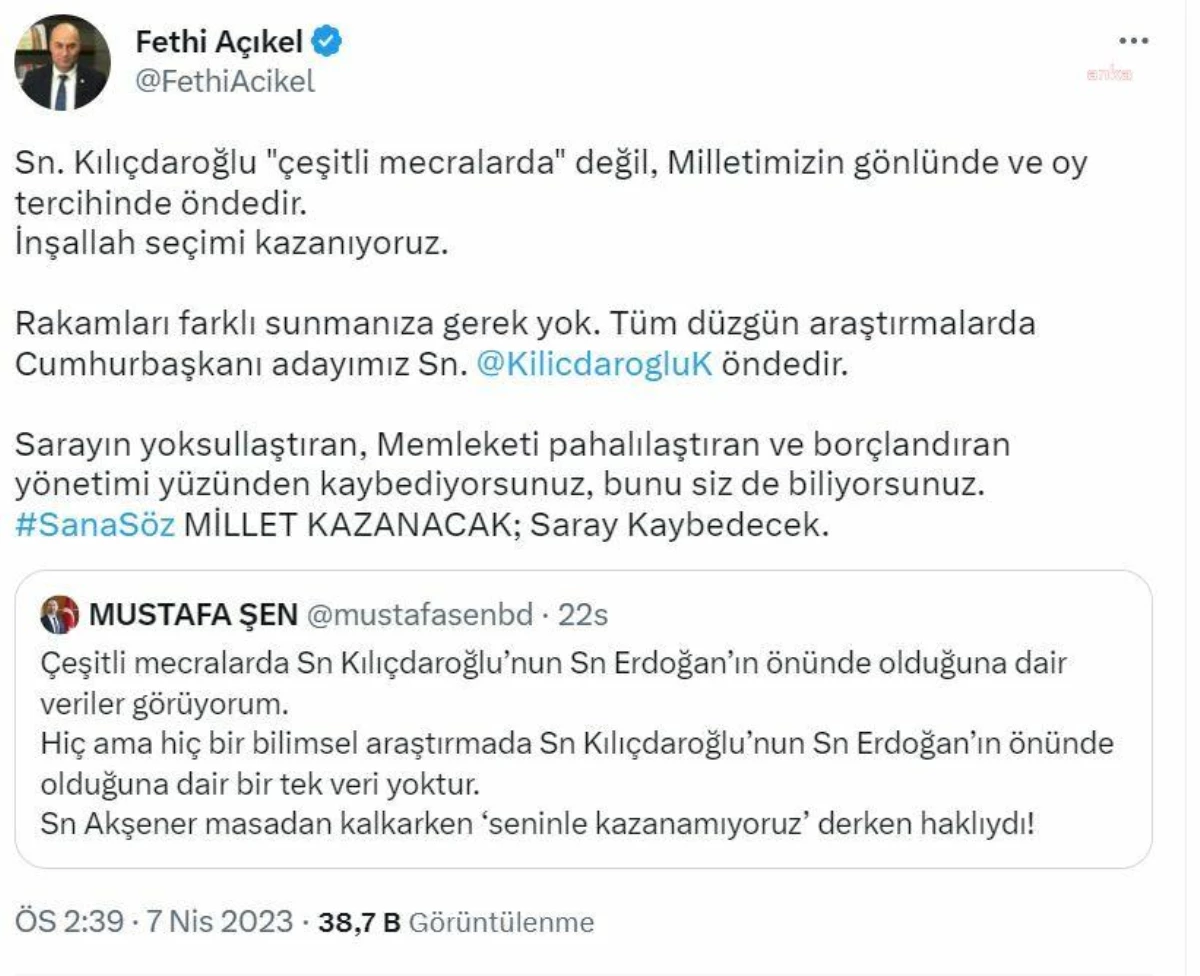Fethi Açıkel\'den AKP\'li Şen\'e: Tüm Düzgün Araştırmalarda Cumhurbaşkanı Adayımız Kemal Kılıçdaroğlu Öndedir. Kaybediyorsunuz, Bunu Siz de Biliyorsunuz