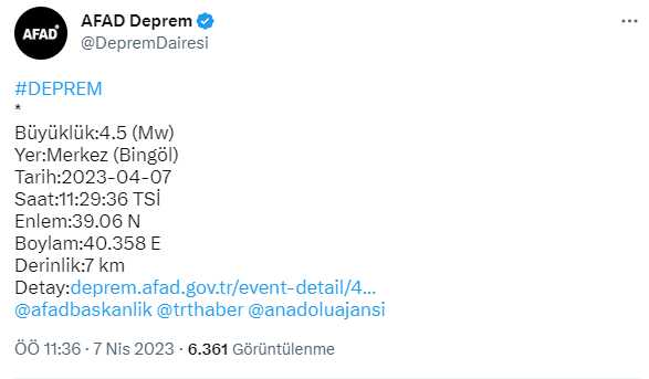 Son Dakika: Bingöl'de 4.5 büyüklüğünde bir deprem meydana geldi Son Dakika: Bingöl'de 4.5 büyüklüğünde bir deprem meydana geldi
