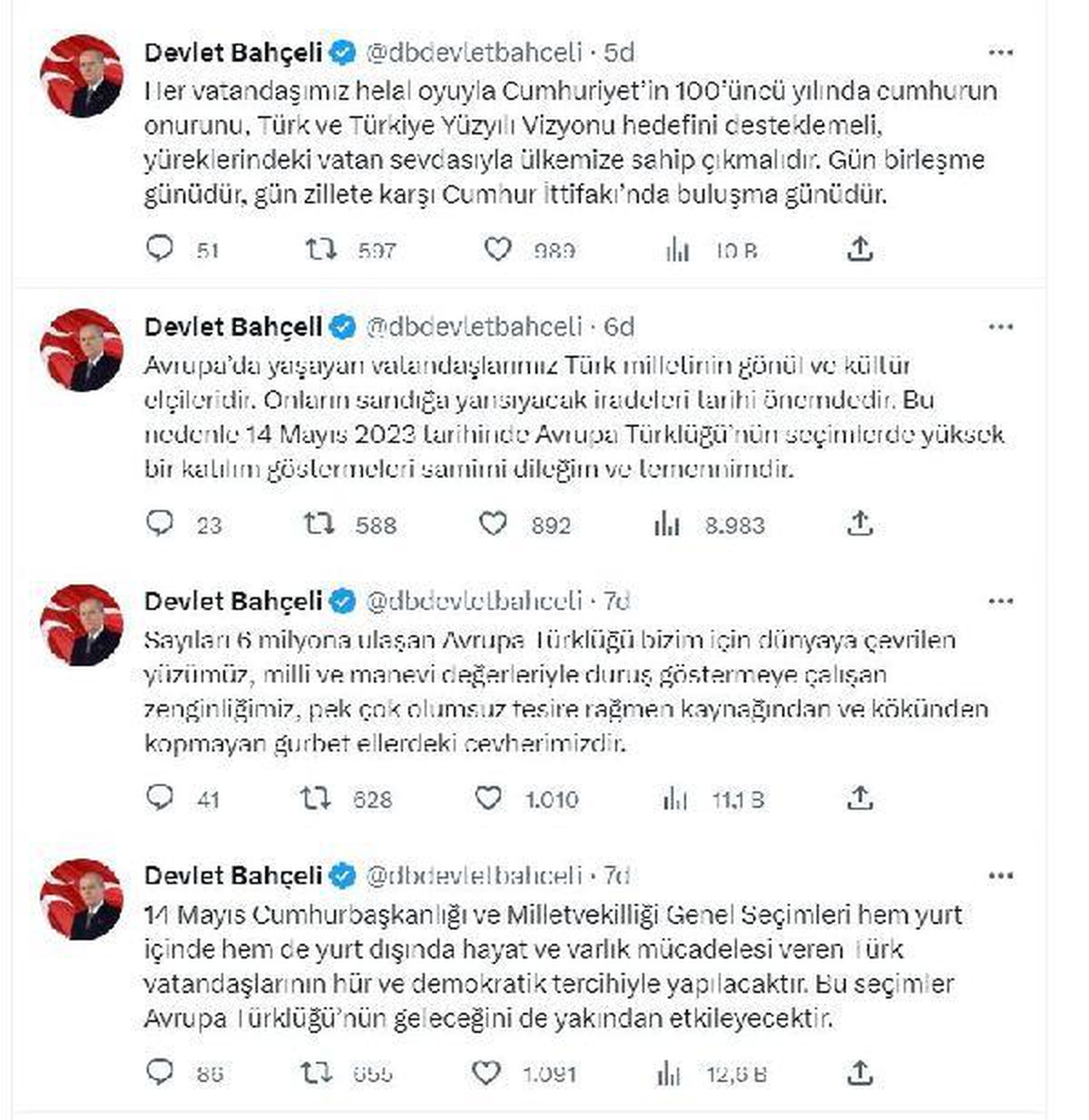 MHP Genel Başkanı Bahçeli\'den Avrupa\'daki Türklere "14 Mayıs" çağrısı