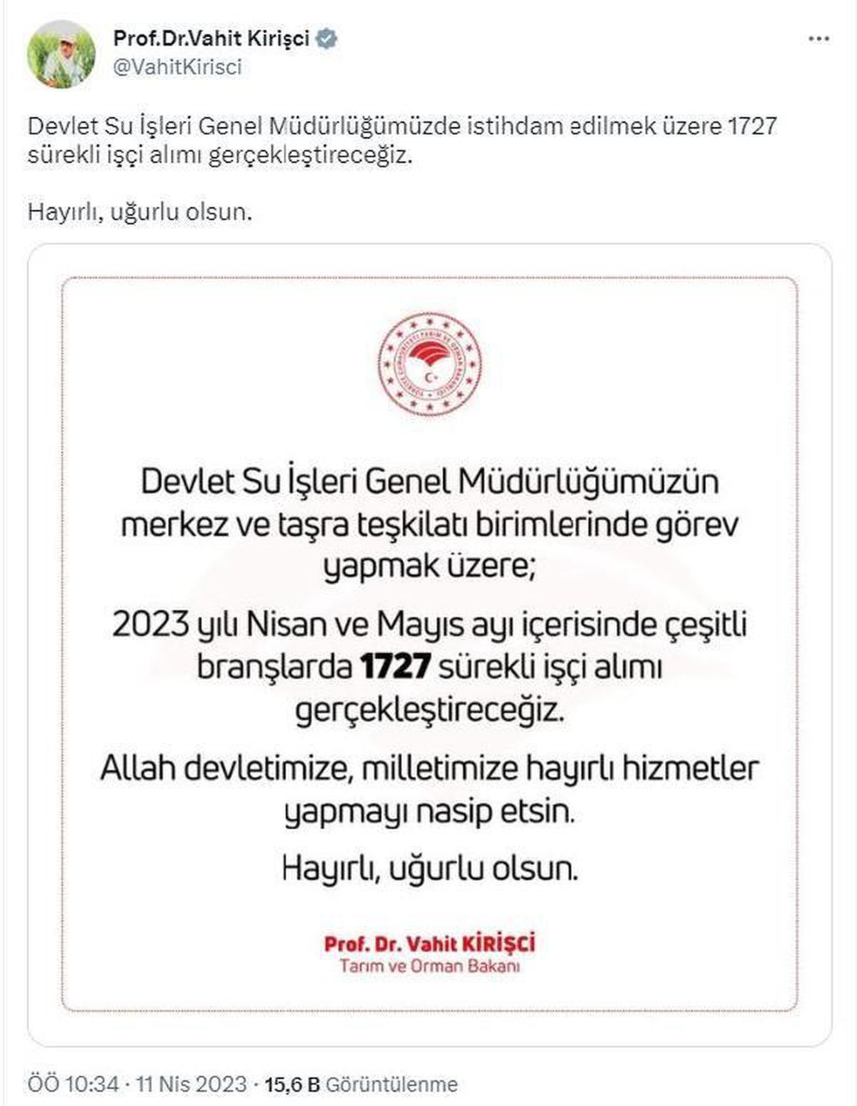 Bakan Kirişci: DSİ\'ye 1727 işçi alımı gerçekleştireceğiz