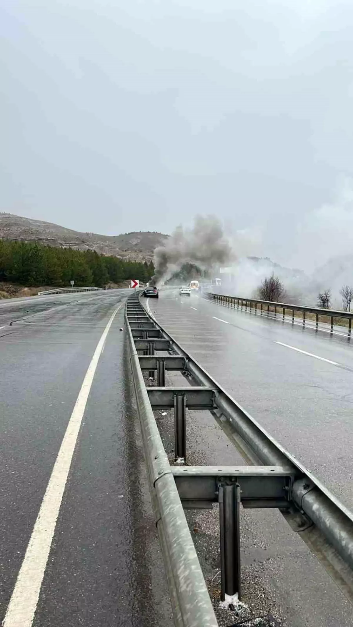 Bariyerlere çarpan araç alev aldı: 2 yaralı