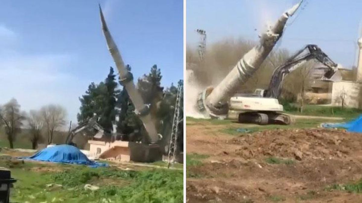 Kontrollü yıkımı yapılan minare kepçenin üzerine devrildi! Operatör feci şekilde can verdi