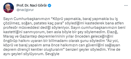 Naci Görür, Erdoğan'ın 'Profesör müsveddesi' sözlerine ilişkin konuştu: Beni kastettiğini sanmıyorum