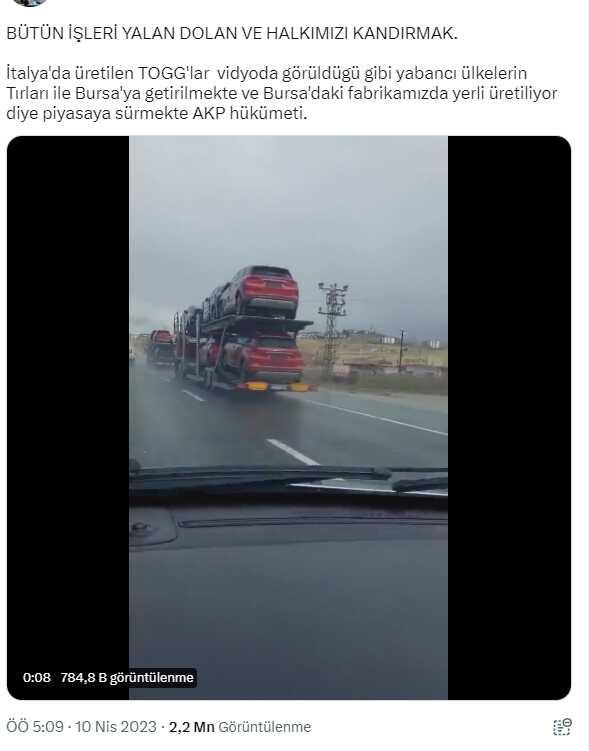 Togg'un yurtdışında üretildikten sonra Türkiye'ye getirildiği iddiası Togg'un yurtdışında üretildikten sonra Türkiye'ye getirildiği iddiası