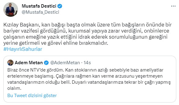 Kızılay'ın kan stokları azalınca ameliyatlar ertelenmeye başladı! Kerem Kınık'a bir istifa çağrısı da Mustafa Destici'den geldi