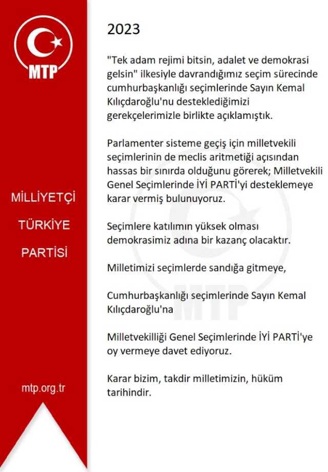 Milliyetçi Türkiye Partisi 14 Mayıs için kararını verdi: Kılıçdaroğlu ve İYİ Parti'yi destekleyeceğiz