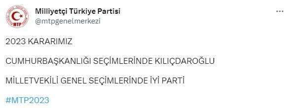 Milliyetçi Türkiye Partisi 14 Mayıs için kararını verdi: Kılıçdaroğlu ve İYİ Parti'yi destekleyeceğiz