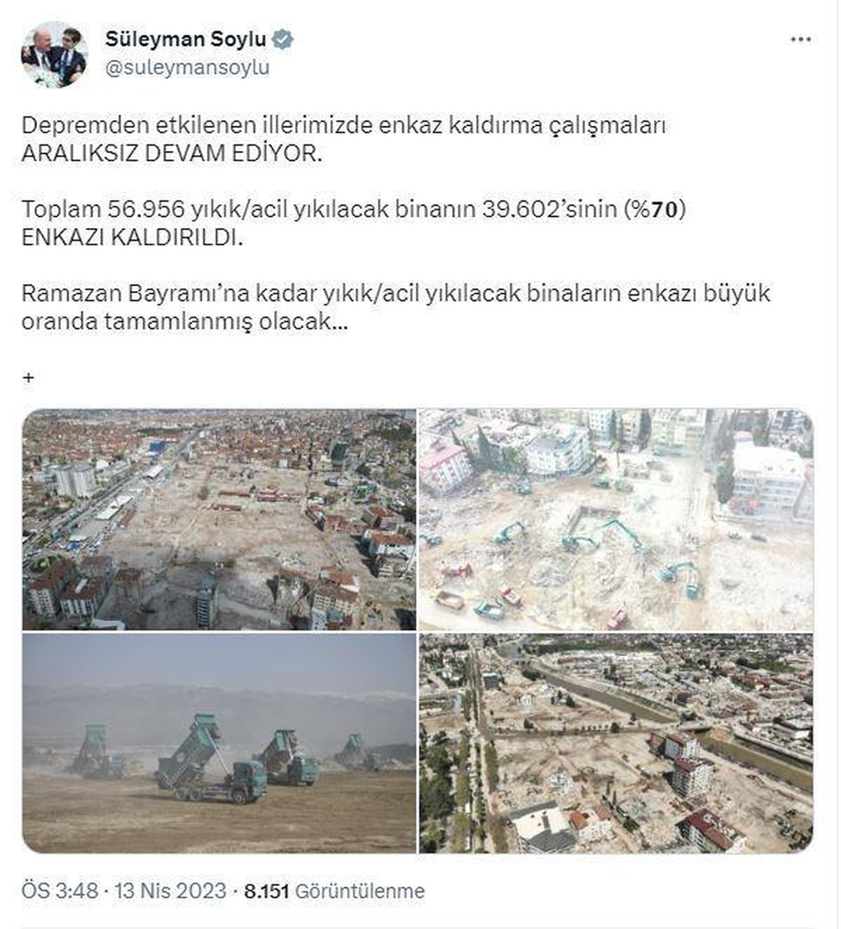 Deprem bölgesinde enkaz kaldırma çalışmaları yüzde 70 tamamlandı