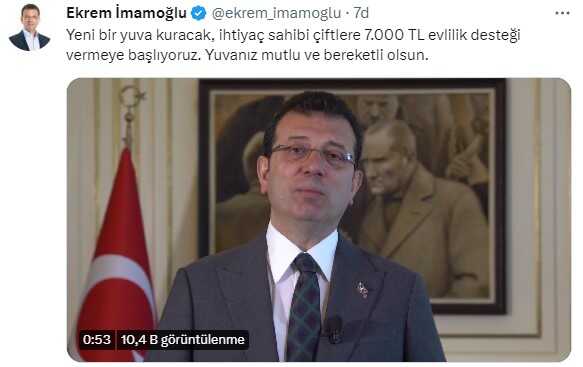 İmamoğlu'ndan yeni evleneceklere müjde: 7 bin TL destek vereceğiz İmamoğlu'ndan yeni evleneceklere müjde: 7 bin TL destek vereceğiz