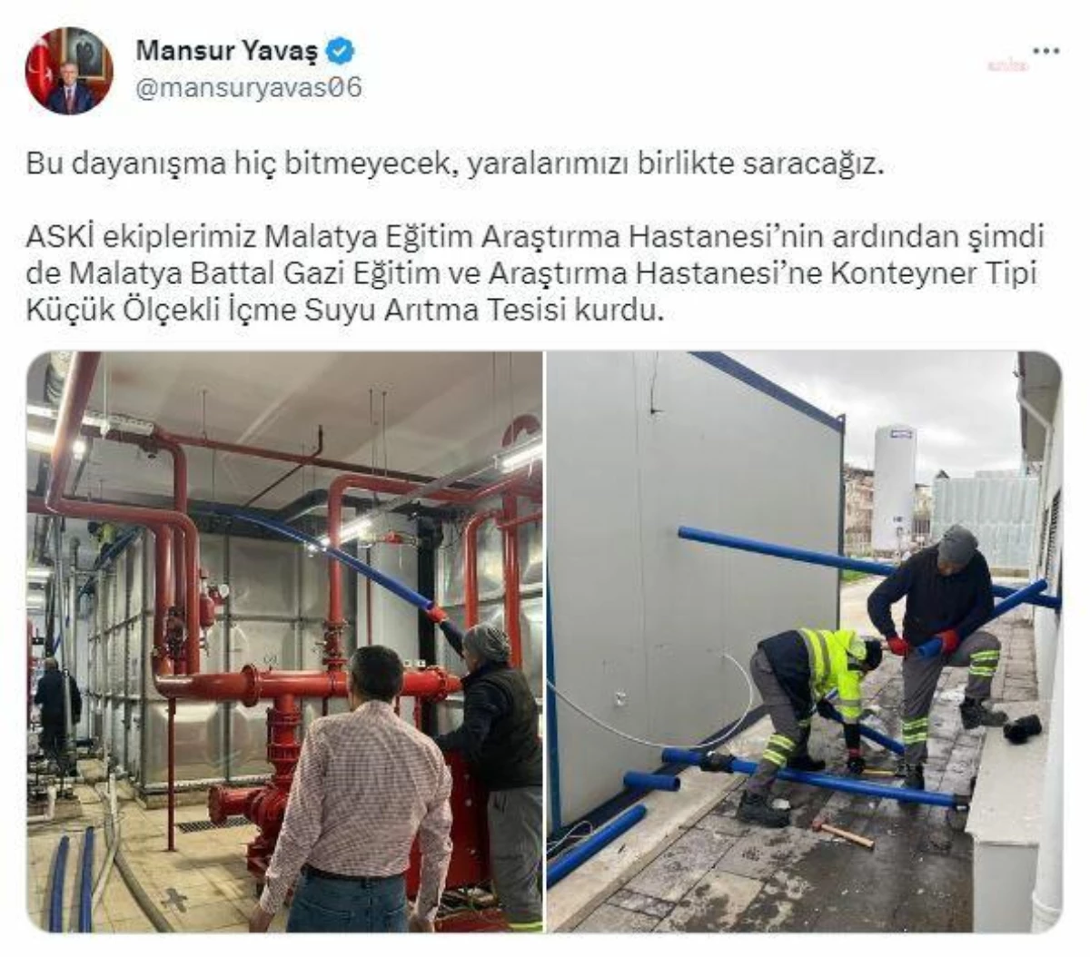 Ankara Büyükşehir Belediyesi, Deprem Bölgesine Desteklerini Sürdürüyor: Malatya\'ya İkinci İçme Suyu Arıtma Tesisi