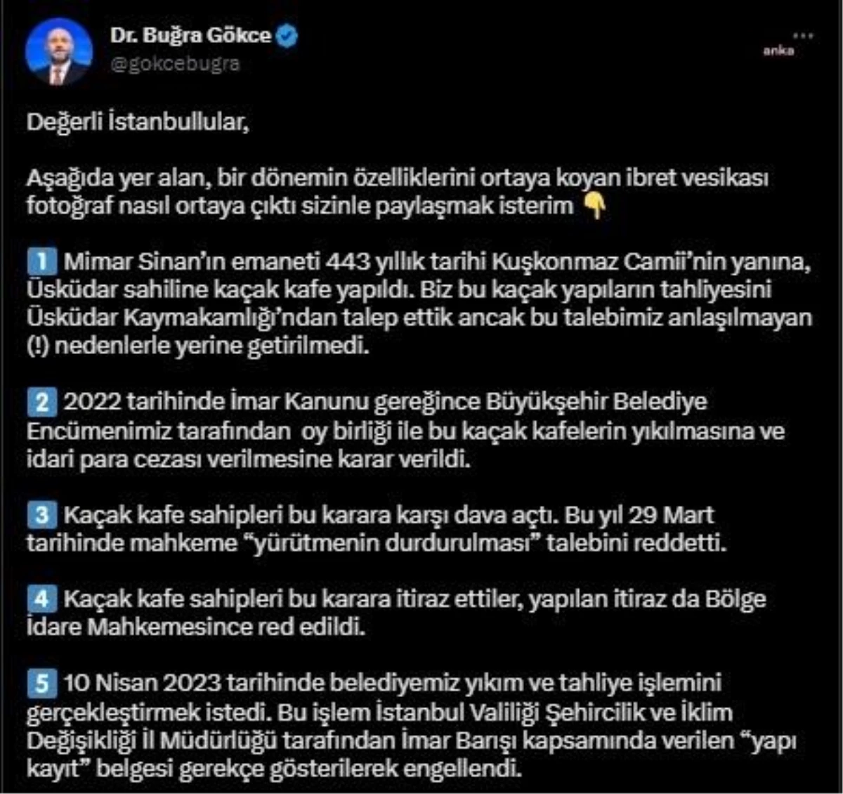 İbb Genel Sekreter Yardımcısı Buğra Gökce: "Yapı Kayıt Belgesi, Yıkım Kararının Uygulanmasına Engel Olamaz"