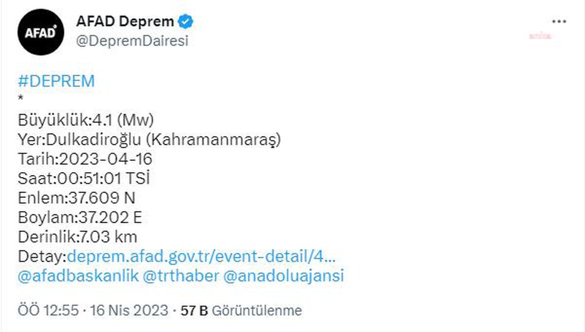 Kahramanmaraş'ın Dulkadiroğlu İlçesinde 4.1 Büyüklüğünde Deprem
