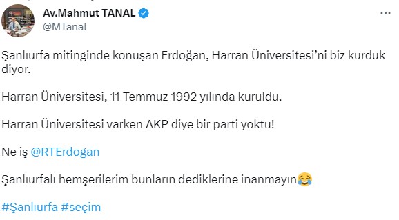 Tanal'dan Erdoğan'a Harran Üniversitesi Yanıtı: 'Üniversite 11 Temmuz 1992'de Kuruldu. Harran Üniversitesi Varken AKP Diye Bir Parti Yoktu'