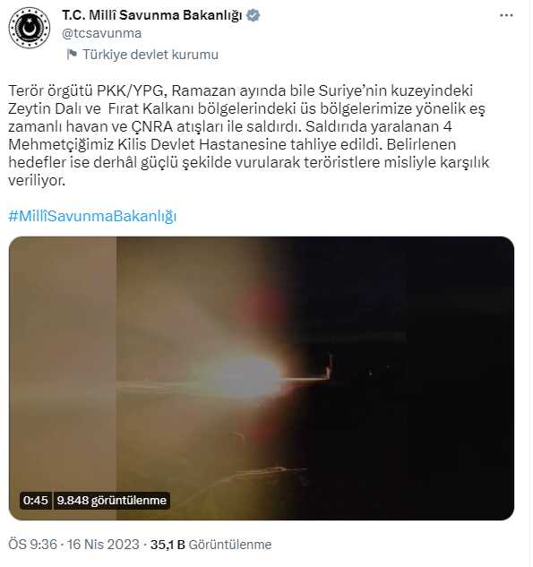 Terör örgütü PKK/YPG'den Suriye'nin kuzeyindeki üs bölgelerimize eş zamanlı saldırı: 4 asker yaralandı Terör örgütü PKK/YPG'den Suriye'nin kuzeyindeki üs bölgelerimize eş zamanlı saldırı: 4 asker yaralandı