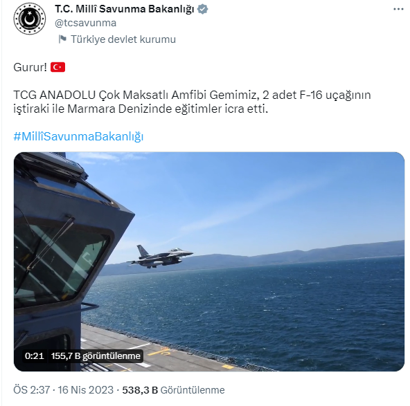 MSB 'gurur' diyerek paylaştı! TCG Anadolu, F-16 uçağının iştiraki ile Marmara Denizi'nde eğitimler icra etti