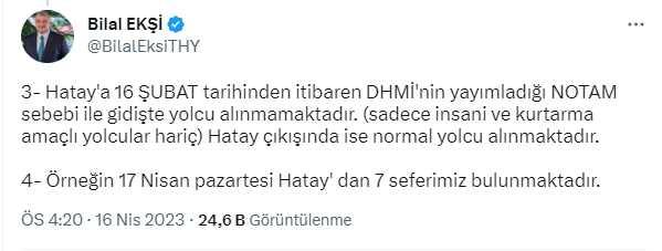 THY'den Hatay'a uçuşların durdurulduğu iddiasına yanıt: NOTAM sebebiyle gidişte yolcu alınmamaktadır