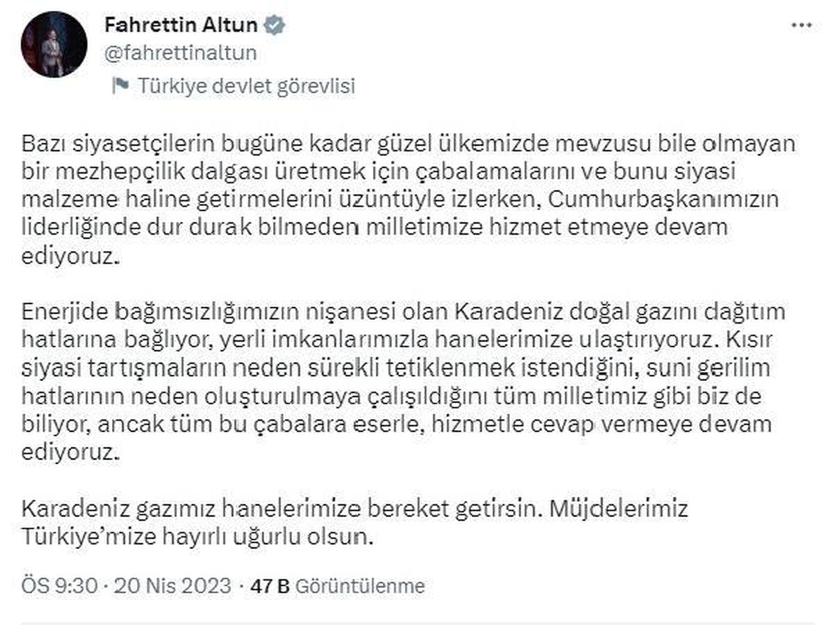 İletişim Başkanı Fahrettin Altun: Karadeniz gazı hanelerimize bereket getirsin