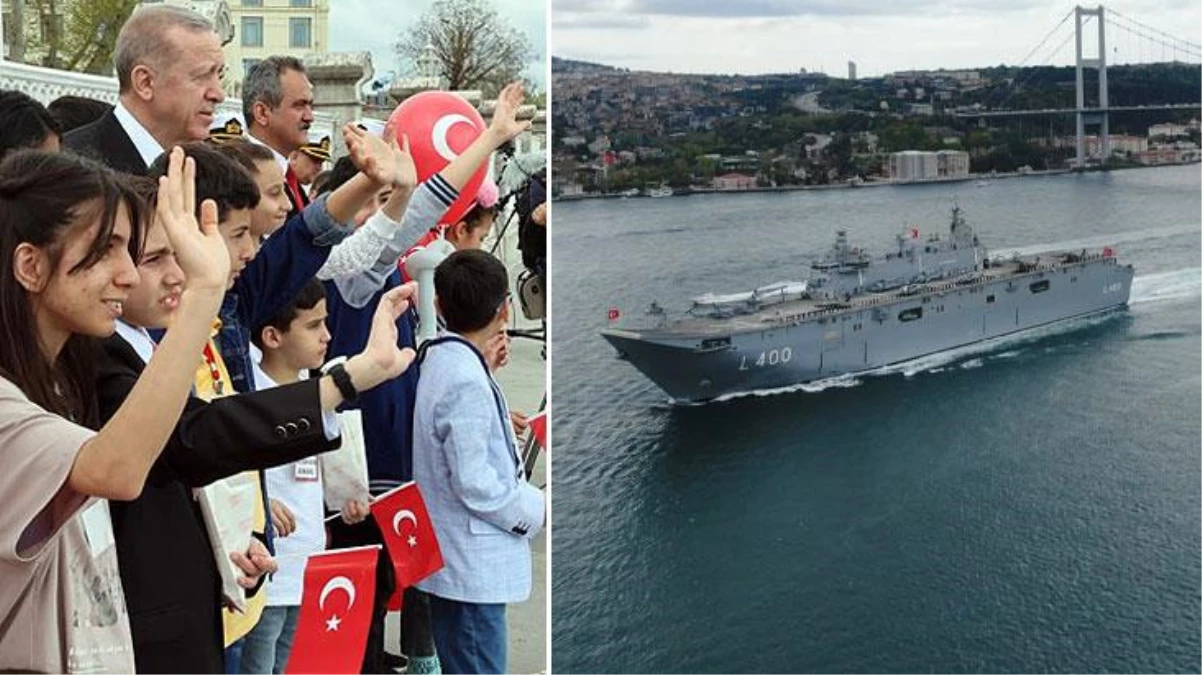 23 Nisan\'da Boğaz\'dan geçen TCG Anadolu, Cumhurbaşkanı Erdoğan\'ı ve çocukları selamladı