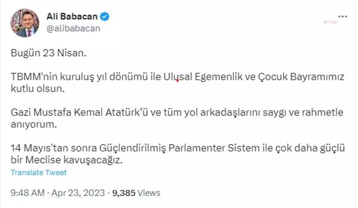 DEVA Partisi Genel Başkanı Ali Babacan 23 Nisan mesajı yayınladı