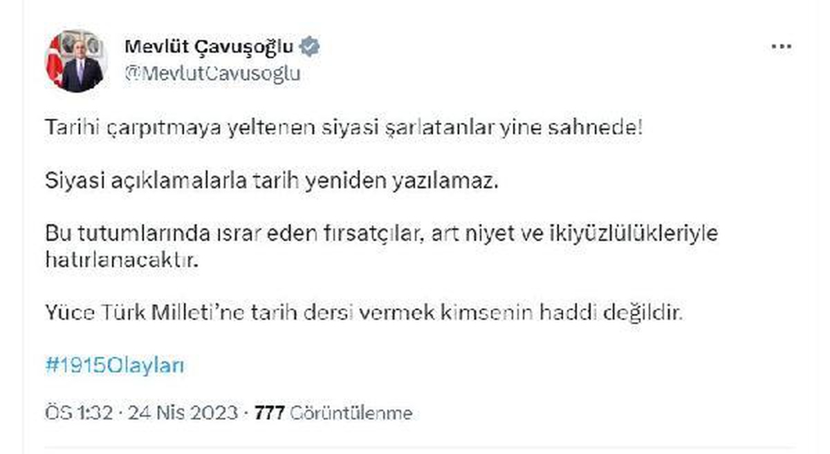 Dışişleri Bakanlığı, 1915 olaylarına ilişkin yapılan açıklamaları reddediyor