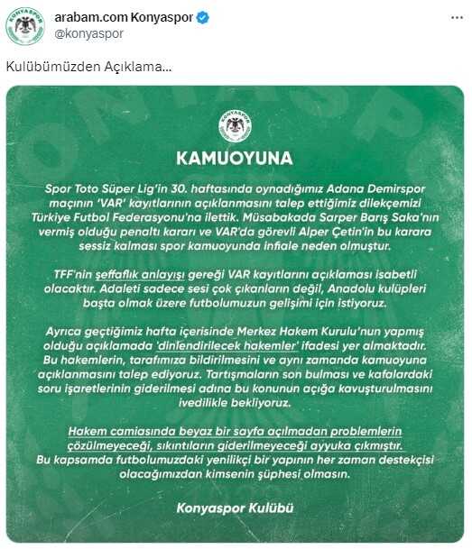 Konyaspor, Adana Demirspor maçına ait VAR kayıtlarının açıklanması için TFF'ye başvuruda bulundu Konyaspor, Adana Demirspor maçına ait VAR kayıtlarının açıklanması için TFF'ye başvuruda bulundu
