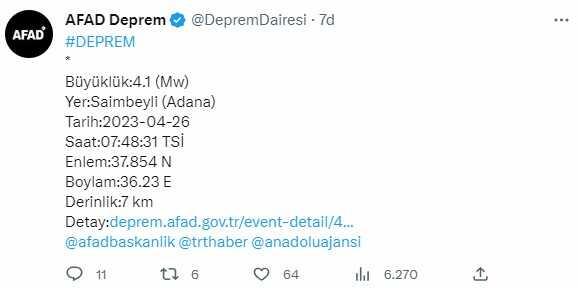 Adana'da 4,1 büyüklüğünde deprem