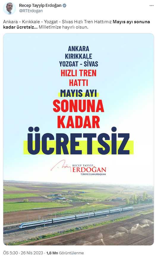 Ankara-Sivas Hızlı Tren Hattı'nın açılışına katılmayan Cumhurbaşkanı Erdoğan müjdeyi sosyal medyadan verdi: Mayıs sonuna kadar ücretsiz Ankara-Sivas Hızlı Tren Hattı'nın açılışına katılmayan Cumhurbaşkanı Erdoğan müjdeyi sosyal medyadan verdi: Mayıs sonuna kadar ücretsiz