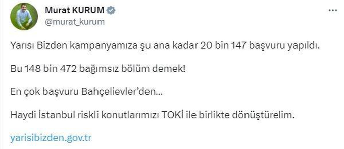 Bakan Kurum: Haydi İstanbul riskli konutlarımızı TOKİ ile birlikte dönüştürelim