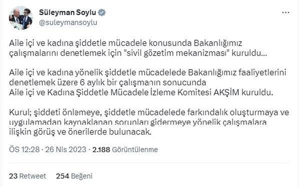 Bakan Soylu: Kadına şiddetle mücadelede \'sivil gözetim mekanizması\' kuruldu